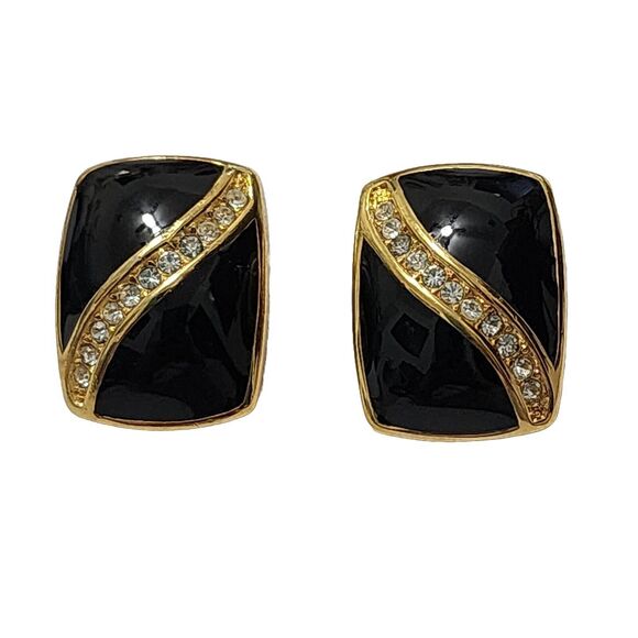 Vintage Christian Dior Black Enamel Rhinestone Gold Plated Clip Earrings - Picture 1 of 11